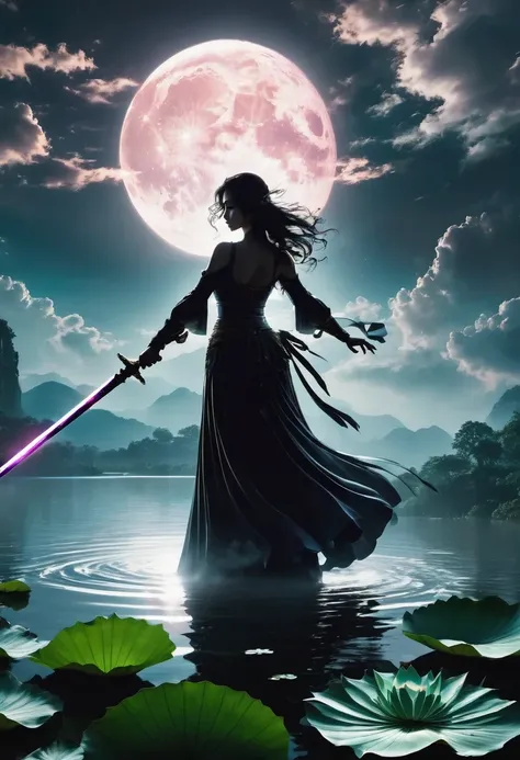 (Heroine dancing sword silhouette:1.5),glowing sword,(Combat stance，Strong dynamic stance:1.4),on the lake，high contrast, mysterious atmosphere,，cloud，smokes，lotus，lotus leaf，ripple，(water splash;1.4)，moonlight，swordsman，effort，(Tyndall effect:1.8)，visible...