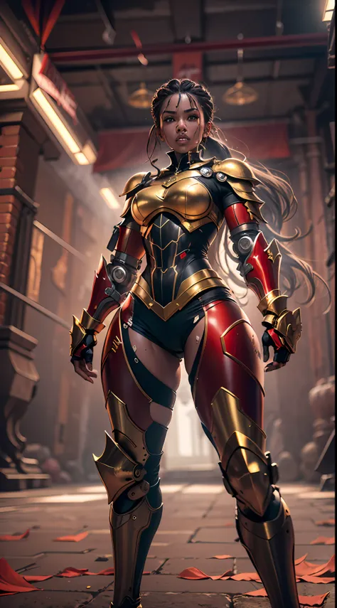 Ultra realistic, high resolution, ultra 8K, mulher negra, 25 anos de idade, pele suada, athletic body with golden robotic armor and red color, White shorts, Kings steel clothes, ultra resolution, castelo da masmorra, brigando pose, brigando. athletic body