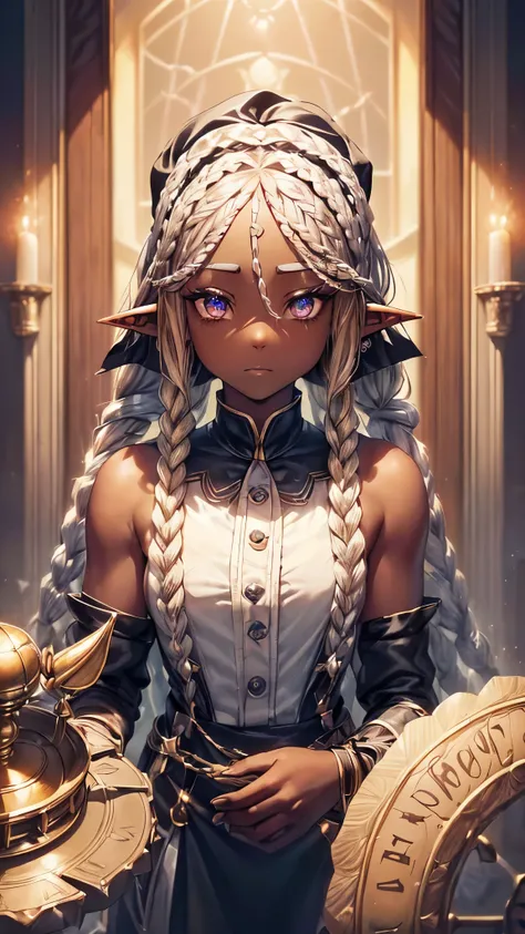 ((black skin maid elf) ((Cornrow Hair Short Dreadlocks)) (in the magic laboratory), (solo:1.3 blonde hair long hair detailed elf woman, 1000 yo, cute silver eyes), (Crossing one’s arms), in a maid clothes, break, perfect anatomy, masterpiece:1.2, best qual...