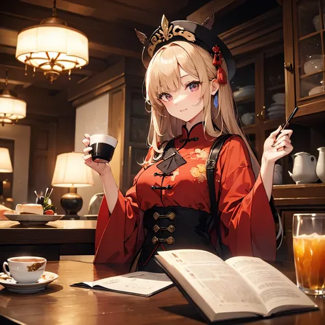 having tea time、Please write a tenacious Chinese-style aristocratic lady.