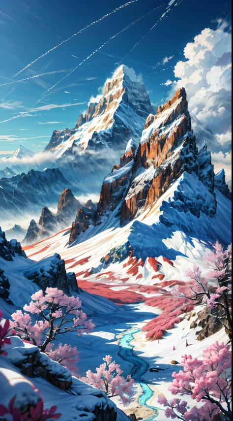 Mountains, flowers and blue sky in the foreground, Majestic mountain々, Epic Mountains, 4K highly detailed digital art, Anime landscapes, Beautiful mountains, Beautiful mountains behind々, snow mountains, anime nature, 8k high quality detailed art, Detailed ...