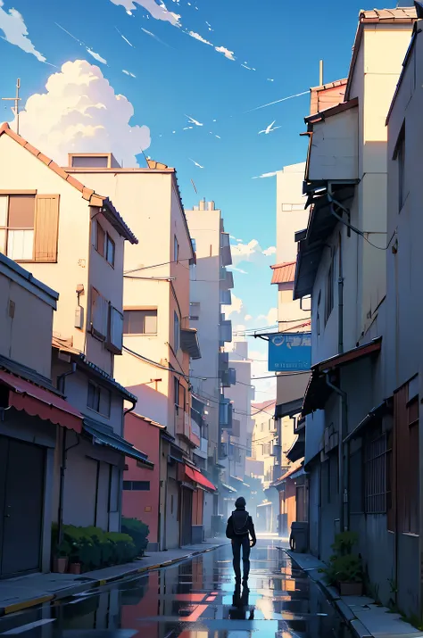 Anime - style scene of a city with beautiful sky with a blue sky and cloudy. by makoto shinkai, anime art wallpaper 4k, anime art wallpaper 4 k, anime art wallpaper 8 k, anime wallpaper 4k, anime wallpaper 4 k, 4k anime wallpaper, anime sky, amazing wallpa...