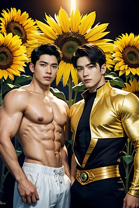 two men with no shirts standing next to each other in front of a sunflower, three futuristic princes, artgerm and genzoman, muscular! fantasy, rossdraws 1. 0, rossdraws 2. 5, :: rossdraws, highly detailed exquisite fanart, artgerm and rossdraws, the three ...