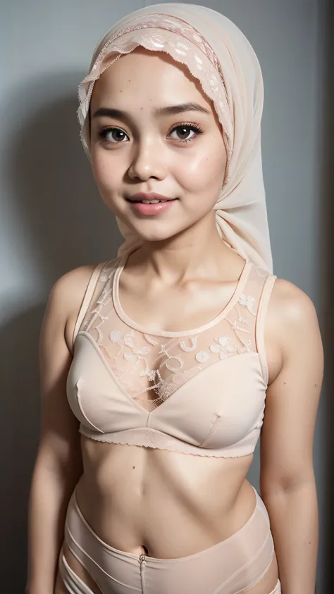 Naked singlet (((HIJAB MALAY GIRL))), masutepiece, High quality, UHD 32K, Realistic face, Realistic skin feeling , A Japanese Lady, 8 years old, , Very cute and baby-like face, (((FLAT CHEST))), (MATRIX WORLD), ((look In front  at the camera and SADNESS)),...