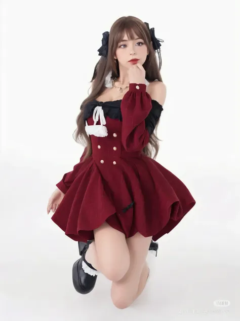 a closeup of a doll wearing a red dress and black shoes, ropa opulenta de color rojo oscuro adornada, traje de alta calidad, gra...