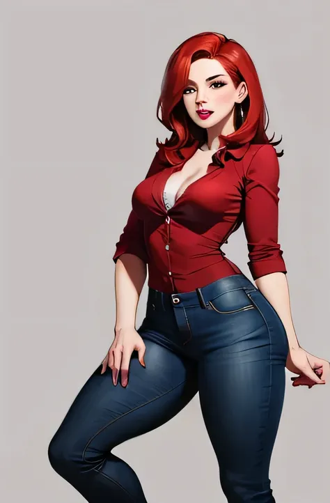 uma mulher, ruiva, 51 libras, tem sardas nas bochechas, usa batom vermelho, usa jeans, usa uma blusa preta, her height is 5&#39;8 " Feet