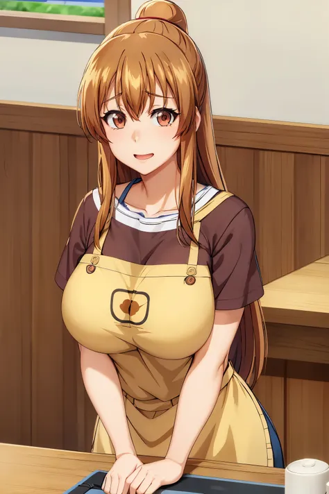 huge tits, busty, best quality, (masterpiece:1.2), highly detailed, brown t-shirt, apron, 
1girl,  kotegawa nanaka, looking at v...