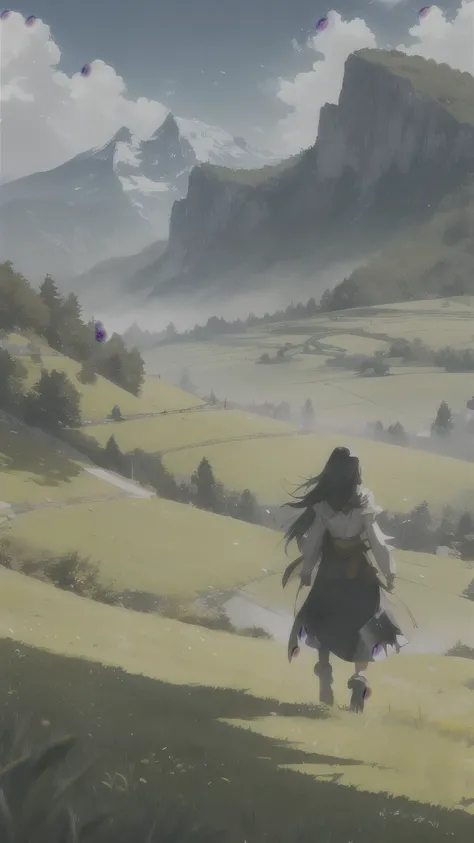 A girl leading the knights stands on a green meadow..
BREAK 凛々With a new look, she guides them to their destination.
blake behind her, Beyond that, a green forest spreads out, A mountain rises in the distance.
BREAK The most suitable effect for this scene ...