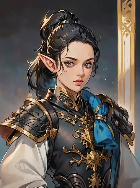 ((masterpiece、highest quality、Super detailed、High resolution、sharp focus、cinematic lighting))、((1 female、bust shot))、Portrait of a beautiful female elf 、40 years old、focus from the chest up、elaborately patterned cloth cloak、Textured black leather armor and...