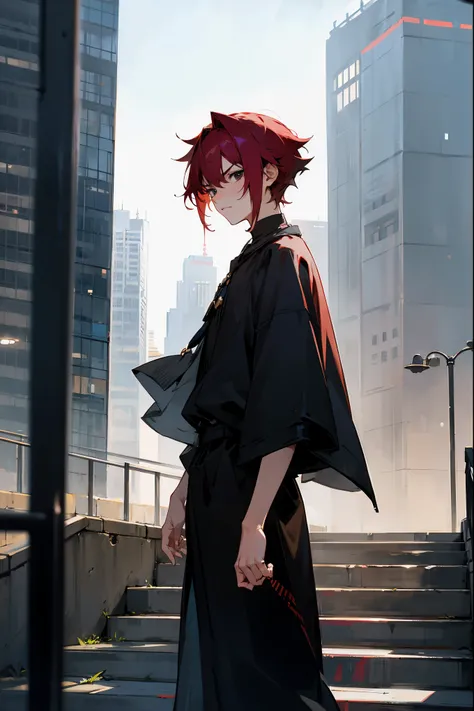 1male, maroon hair, short messy spike hair, black eyes, dark modern clothing, casual clothing, poncho, city background, day time, walking on path, close shot, annoyed expression