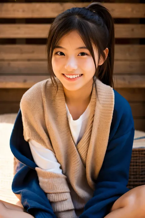 (Beautiful 14 year old Japanese girl), cute face, (deeply carved face:0.7), (freckles:0.6), dramatic lighting, shy, ponytail,, (smile),, (sparkling eyes)、(sunlight), sitting, spread legs
