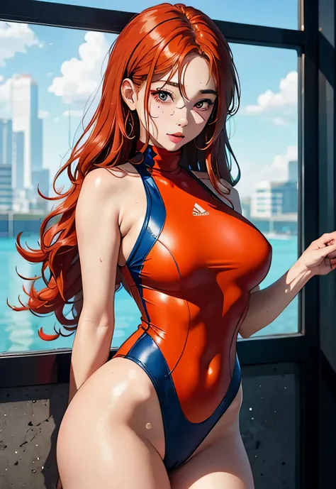 realistically、Super high saturation、8k、Long red curly hair(((a 30 year old girl)))、((She is wearing an orange and navy blue turtleneck indigo swimsuit。)).、swim、Thighs are thicker、Emphasis on muscle development。、Various sexy pose swimプールround olympic 体操選手ic...