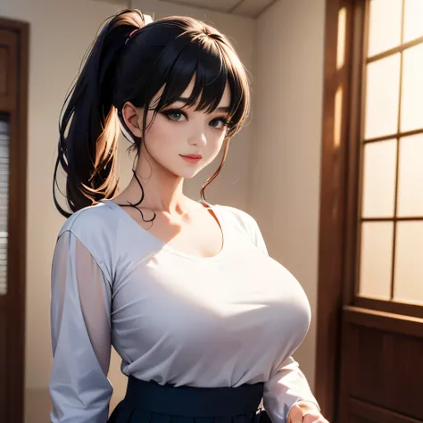 A Japanese girl, clad in a white tight T-shirt and navy blue bloomers, stands in the frame. Her huge breasts accentuate her feminine charm. Her long, dark ponytail cascades down her back, adding to her cuteness. The crisp detail and highest quality of the ...