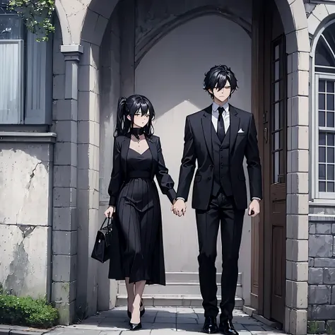 a man in a black suit holding his wife's hand in elegant clothes, outside a house.