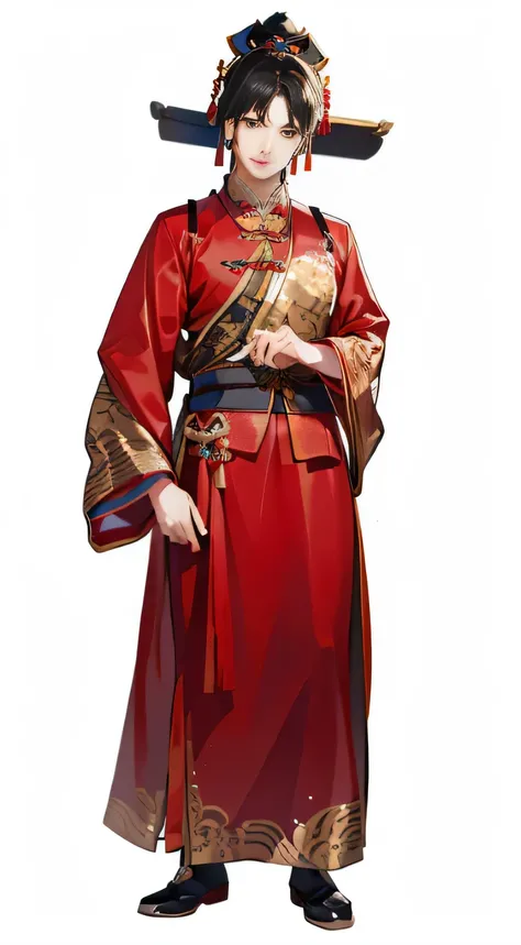 ancient chinese clothing，Ancient Chinese official uniform，Ming dynasty style，middle aged male，Black cloth shoes，Red silk texture clothes，ethnic style