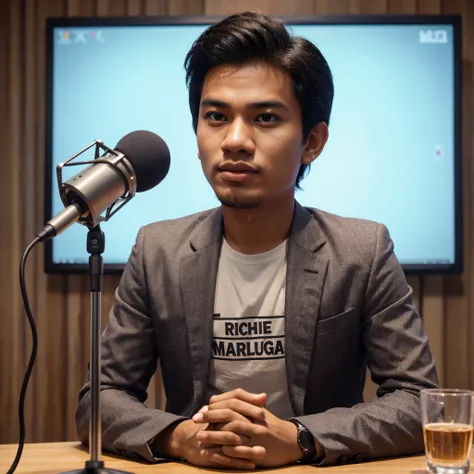 a reallistic caricature, a young Indonesian man sitting in front of a screen, a chest-high table in front of him, wearing a blazer and a t-shirt that says "RICHIE MARLUGA", in a recording studio, apparently explaining something 
