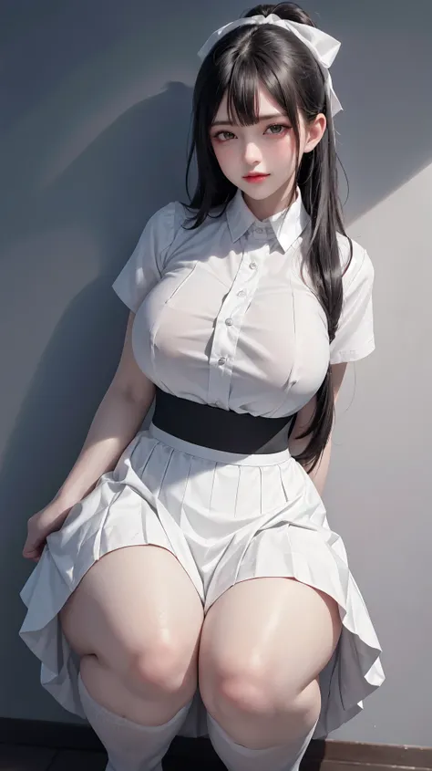 1 lady,12 years old,dark hair,Beautiful ponytail hairstyle, (high waist skirt:1.3),, (White shirt:1.3), (Double breasted,underbust:1.2), short sleeves, Button gap,moan,,Sweaty shirts,Sweaty thighs,half squat,legs spread,My crotch is wet,lift up skirt,Wansu...