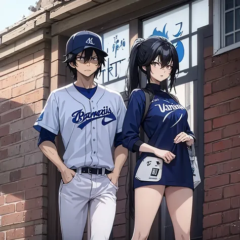 A man in a baseball uniform next to his wife