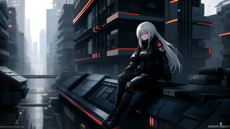 girls frontline style，high quality，HD，many details，Cyberpunk City，roof，wearing black、White-haired girl wearing exoskeleton，girl sitting on the roof