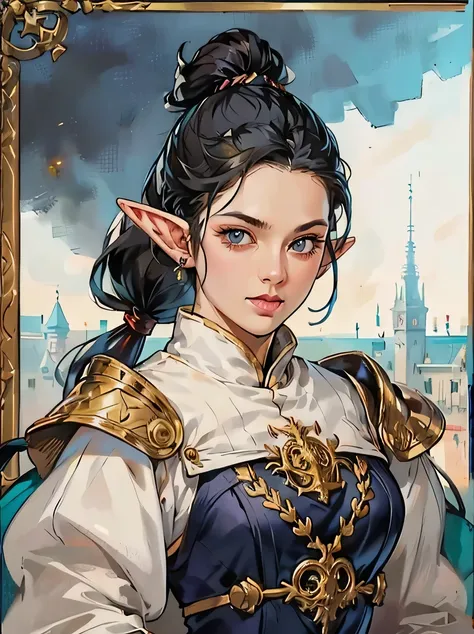 ((masterpiece、highest quality、Super detailed、High resolution、sharp focus、cinematic lighting))、((1 female、bust shot))、Portrait of a beautiful female elf 、40 years old、focus from the chest up、elaborately patterned cloth cloak、Textured black leather armor and...