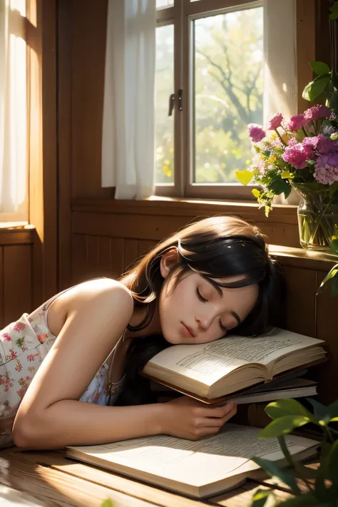 (a girl sleeping on a book),illustration,soft lighting,warm colors,cozy atmosphere,peaceful mood,dreamy,beautiful detailed eyes,dreamland scenery,book pages fluttering,serene garden in the background,gentle breeze,whispering trees,delicate flowers blooming...