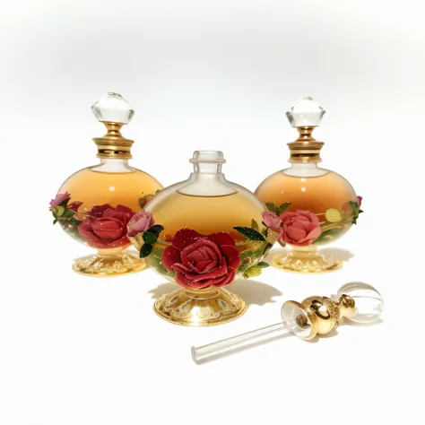 there are three perfume bottles with flowers and a glass stopper, antique perfume, frasco de perfume, 18th century perfume bottle, perfume, translucent roses ornate, linda garrafa de vidro intrincada, rainha do hibisco barroco, intricate oil paintings, Flo...