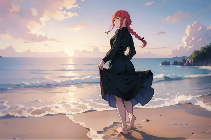 Solo,1girl,a beautiful woman in a tight black dress with long sleeves, from behind, looking back, on a beach, panoramic horizon, sunset, beautiful landscape, masterpiece, stunning body, big ass, barefoot, redhead, braid ,showing her ass, lifting her skirt,...