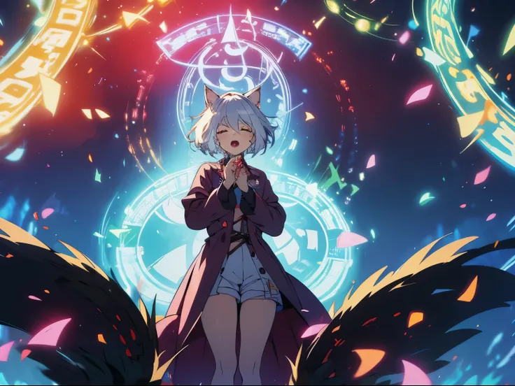 masterpiece, A world where magic and technology coexist, cat ears girl (gray hair, short hair) ，boyish，hone your skills、Set out on a journey to uncover the secrets of power., beautiful eyes、Standing in the forest，fantasy，drawn in detail. A magician makes t...