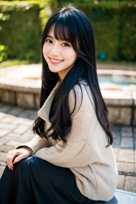 japanese woman, long black hair, smile, 