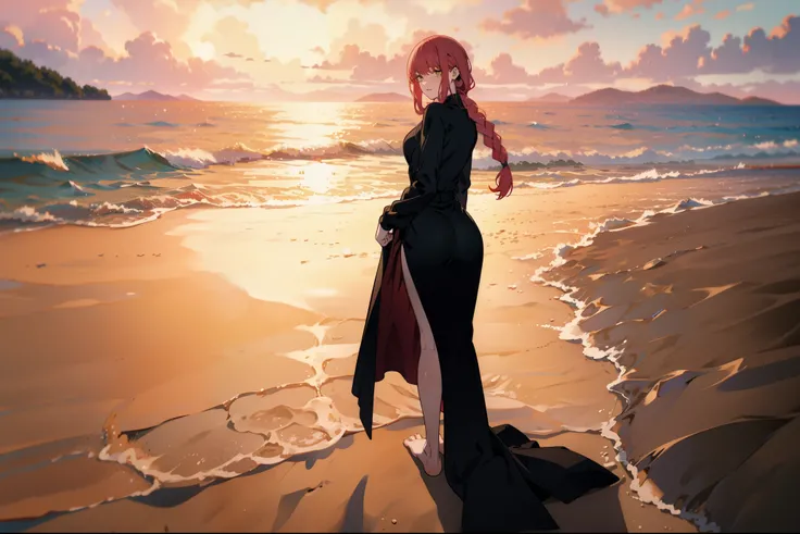 Solo,1girl,a beautiful woman in a tight black dress with long sleeves, from behind, looking back, on a beach, panoramic horizon, sunset, beautiful landscape, masterpiece, stunning body, big ass, barefoot, redhead, braid ,showing her ass, lifting her skirt,...