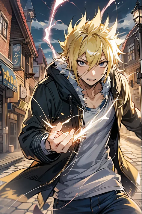 1male, Teen, Blonde Hair, Black Eyes, Fairy Tail, Black T-Shirt, Lightning Aura, Fantasy Town, Running On Path, Jeans, Black Coat