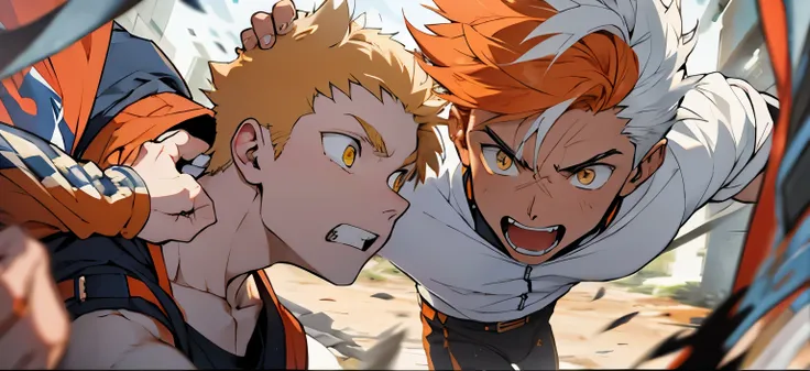 there is a boy with short orange hair being attacked in the chest by a boy with white hair and yellow eyes