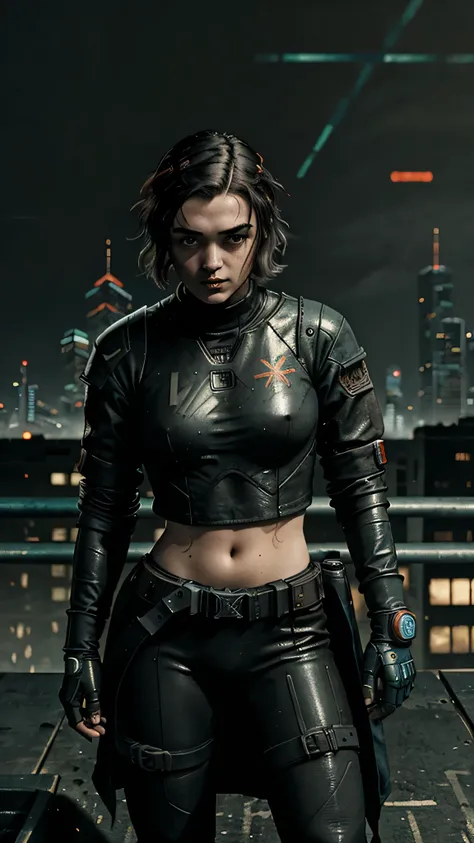 cyberpunk, (sks woman:1) as Arya Stark, short brown locks, cyberpunk black ninja suit, holding cyberpunk daggers, standing on the cyberpunk rooftop, 1woman, solo, beautiful detailed glow, detailed, cinematic light, intricate detail, realistic, highres, det...