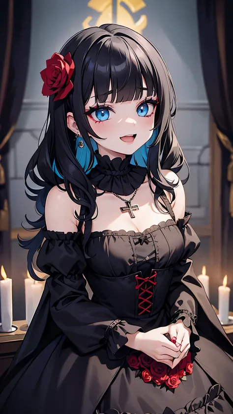 1 girl, cleavage, cyan blue eyes, cross necklace, deep black hair, teen, skinny, curly hair, dress, dia de Los Muertos dress, Mexican dress, flowers, altar, day of dead, happiness, celebration, black lipstick, makeup, smiling, cute girl, medium , open mout...