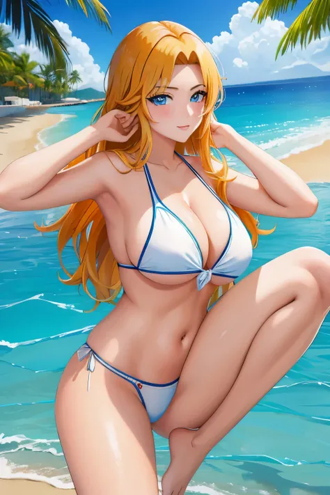 Rangiku Matsumoto in bikini blanco laying on the beach with a blue sky, Rubio goddess, Rubio, en una playa soleada, sexy girl with long Rubio hair, posando en la playa, bikini blanco, en una playa tropical, posing en una playa with the ocean, en una playa,...