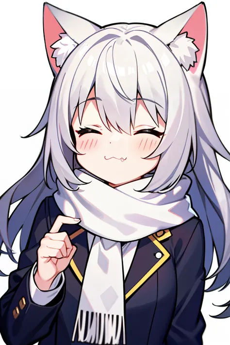 Masterpiece, Excellent, 1girl, gray hair, medium long hair, cat ears, closed eyes, looking at the audience, :3, cute, scarf, jacket, white background, fang, high quality, UHD