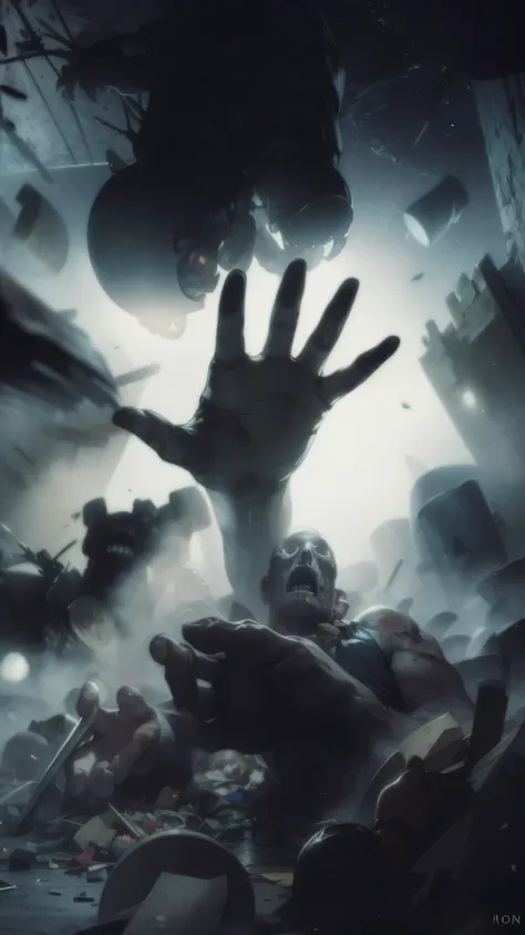 close-up of a zombie hand sticking out of a pile of trash, zombie arms stretched forward, game critical art, photorealistic dark...