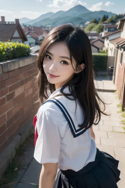 very cute and beautiful school girl,teen,(highly detailed beautiful face and eyes:1.2),(cowboy shot),
smile,black hair,seifuku,(mini skirt),dynamic pose,dynamic angle,looking at viewer,
many european houses with red roof,(town overview),
(best quality,mast...