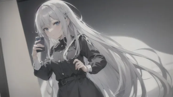 anime girl with long white hair and blue eyes holding a cell phone, Best Anime 4K Kona-chan Wallpaper, perfect gray hair girl, silver haired girl, gray hair, gray hairの女の子, silver haired girl, cute girl anime visual, gray hair deity, gray hairの, 4k anime w...