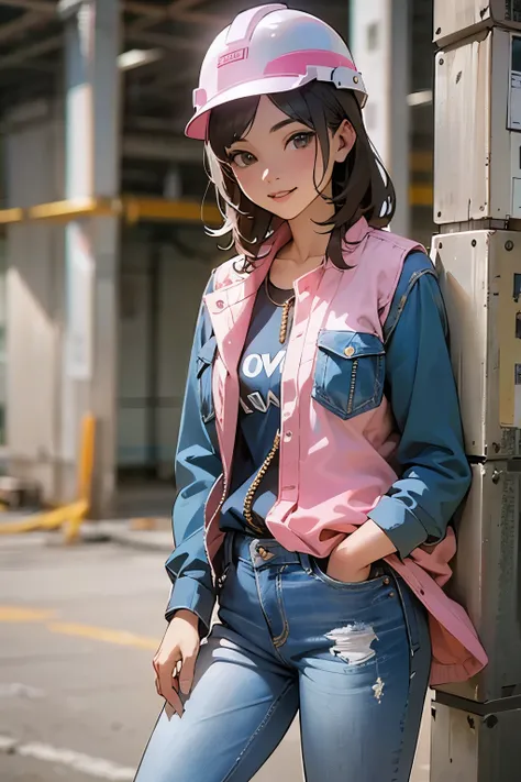 Female 25 years old,Front facing、jeans作業服 、shiny skin、Looks like work is fun、smile、 fine fabric texture, jeans、long sleeve shirt、pink helmet,Construction site、Rear show window、return、looking at camera、Backlight