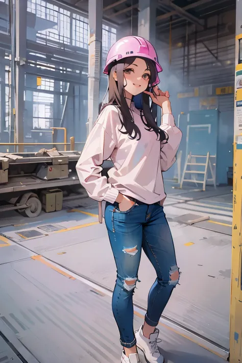 Female 25 years old,Front facing、jeans作業服 、shiny skin、Looks like work is fun、smile、 fine fabric texture, jeans、long sleeve shirt、pink helmet,Construction site、Rear show window、return、looking at camera、Backlight