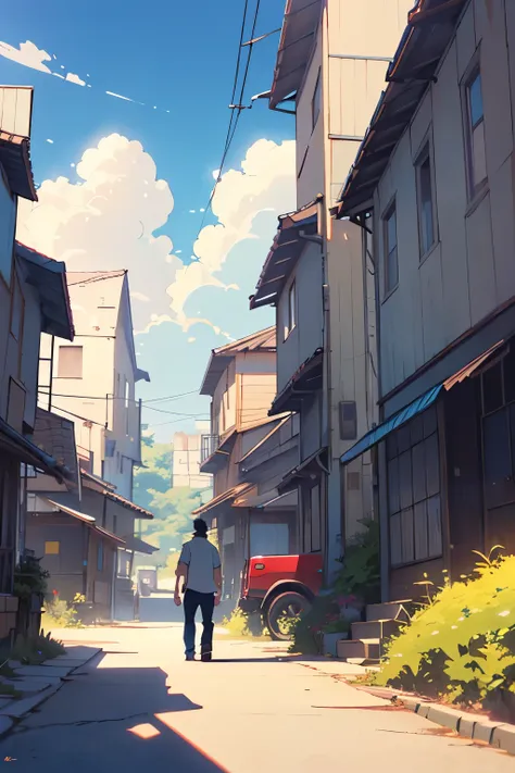 Anime - style scene of a town with beautiful sky with shinny a blue sky and cloudy. by makoto shinkai, anime art wallpaper 4k, anime art wallpaper 4 k, anime art wallpaper 8 k, anime wallpaper 4k, anime wallpaper 4 k, 4k anime wallpaper, anime sky, amazing...