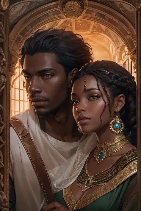 Je veux que tu me fasses une couverture pour un roman Fantasy romance, ces deux personnages sont noirs de peau, dark skin, ils sont des ennemis, ils veulent sentretuer, surtout lui, elle, she mainly defends herself but her goal is to save him at all costs ...