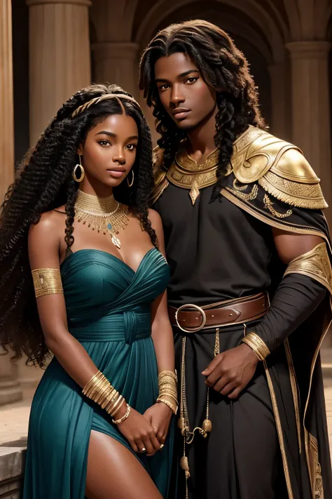 Je veux que tu me fasses une couverture pour un roman Fantasy romance, ces deux personnages sont noirs de peau, dark skin, ils sont jeunes, il est roi de lAfrique et elle est une princesse, Le garçon est dark skin, with curly mid-length hair, the girl has ...