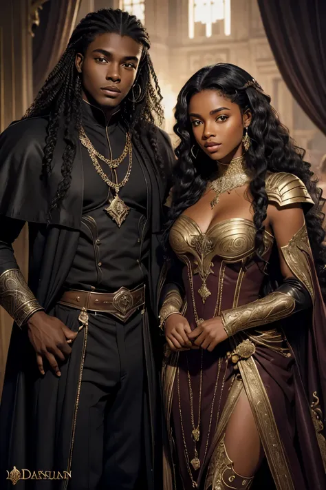 Je veux que tu me fasses une couverture pour un roman Fantasy darkromance, ces deux personnages sont noirs de peau, dark skin, ils ont jeunes, they are royalty. Le garçon est dark skin, with curly mid-length hair, the girl has long curly hair. They are ver...