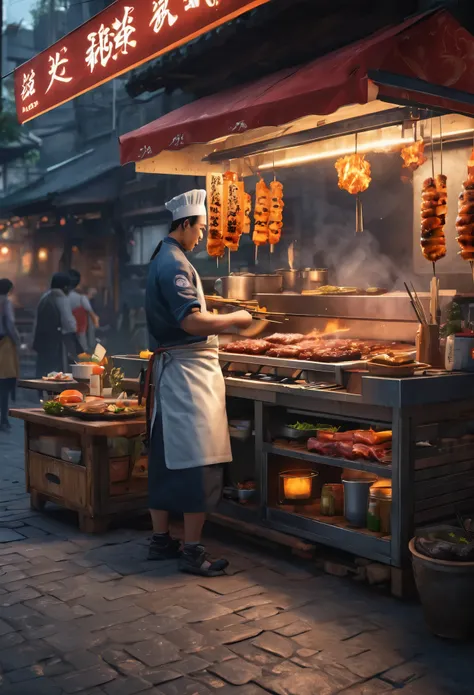 outdoor，alley in the street，street stall，The stall owner is a fluffy fat tiger chef，Cooking BBQ meat skewers and teppanyaki for diners, octane rendering, improve, complex, Image scale 1：1(masterpiece, representative work, official art, professional, unifie...