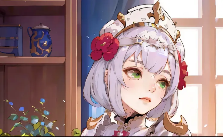 a close up of a girl in a white lolita outfit, green eyes, Noelle, beautiful princess, genshin impact character, delicate, genshin impact, heise jinyao, casimir art, genshin, loong, royal elegant pose, taisho roman, granblue fantasy