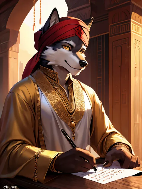 4k, ,8K, A high resolution, best quality, perfect colors, perfect shadows, perfect lighting, (posted on e621, by Chunie), male, furry, Wolf anthro, (Wolf tail), solo, white fur, Yellow eyes, (Realistic eye details 1.2), Wearing Muslim clothing, arabic fash...