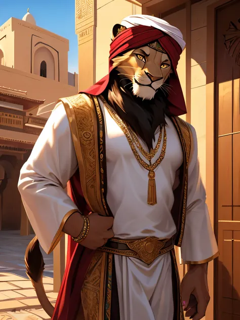 4k, ,8K, A high resolution, best quality, perfect colors, perfect shadows, perfect lighting, (posted on e621, by Chunie), male, furry, Lion anthro, (Lion tail), solo, white fur, Yellow eyes, (Realistic eye details 1.2), Wearing Muslim clothing, arabic fash...