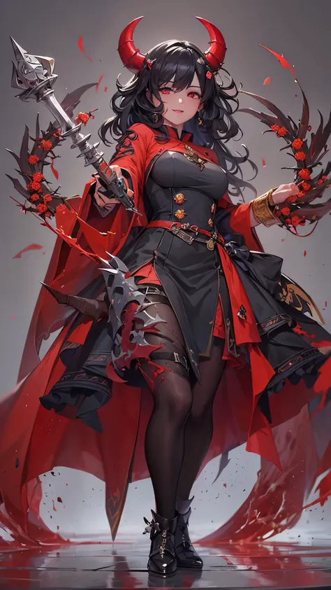 ((devil priest girl)), (open arms) ((battle fighting stance)) (hand holding biggest mace with thorns gripping mace in hands), low-angle (solo:1.3 curly black hair long hair lovely devil priest girl, 14 yo, cute red eyes, evil smile), in a devil robe, ((fre...